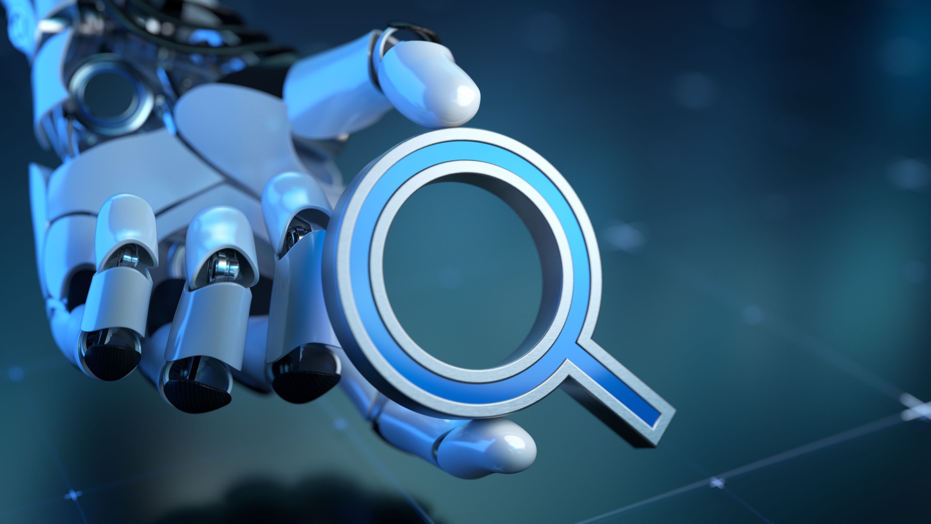 Robotic Hand Holding Magnifying Glass Focused on Innovation and Technology Concepts